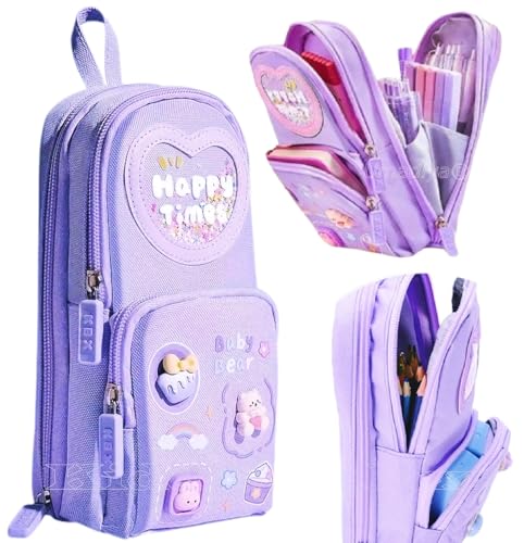 Supreme Deals Canvas Premium Pencil Case, 6 Layer, 3 Compartments, Large Capacity, Cute Aesthetic Design For Girls, Multifunctional Pouch For School Kids, purple