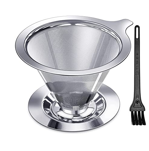 Supvox® Pour Over Coffee Dripper-Stainless Steel Reusable Drip Cone Coffee Filter-Paperless Metal Fine Mesh Strainer Coffee Brewer-Coffee Maker 1-6 Cup with Non-Slip Cup Stand & Cleaning Brush
