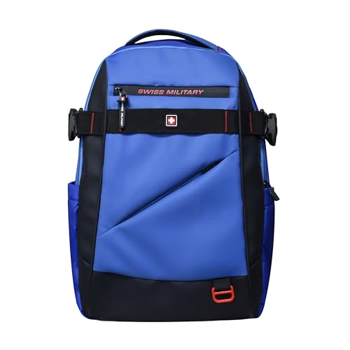 SWISS MILITARY 30L Unisex Laptop Travel Backpack for 15.6-Inch Laptops – with Luggage Strap, Detachable Key Ring, Anti-Theft Pocket, Expandable Bottle Pocket for Office and College Use-Blue