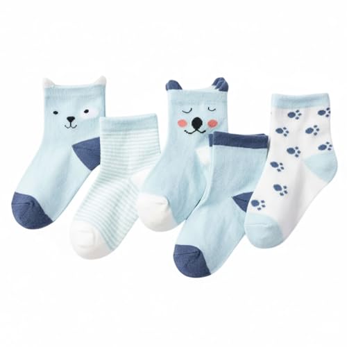 SYGA 5 Pairs Baby Girl Boys Non Slip Trainer Socks Toddlers Infant Socks Warm and Cotton Stretch Crew Baby Socks- Blue Puppy, 6 Month to 2 Years