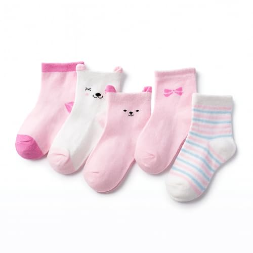 SYGA 5 Pairs Baby Girl Boys Non Slip Trainer Socks Toddlers Infant Socks Warm Cotton Stretch Crew Anti-Slip Baby Socks- Pink Bunny, 6 Month - 2 Years