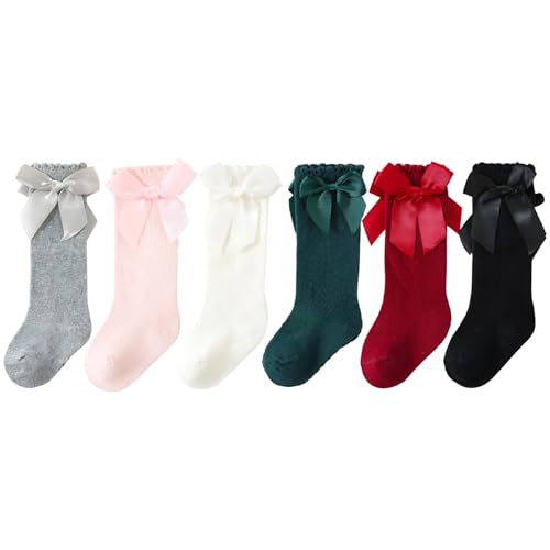 SYGA 6 Pairs Above Knee Length Baby Socks Soft Cotton with Cute Big Bow Design in for 0-1 Years (6 Colors)
