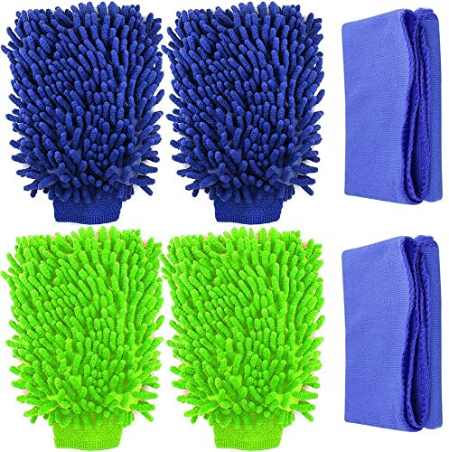 SynSo 4 Pack Car Wash Mitts, Waterproof Microfiber Scratch Free, High Density, Ultra-Soft Washing Gloves,Use Wet or Dry, with 2 Cleaning Clothes