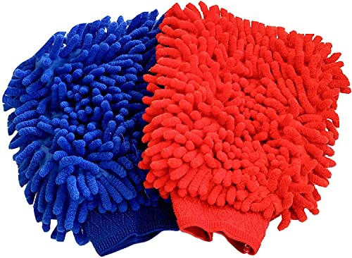 SynSo (Pack 2 Car Wash Mitten, Wash Mitt Chenille Microfiber Car Wash Gloves, Lint Free, Scratch Free, Double Sided, Use Wet or Dry (Random Colors)
