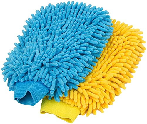 SynSo (Pack 2 Car Wash Mitten, Wash Mitt Chenille Microfiber Car Wash Gloves, Lint Free, Scratch Free, Double Sided, Use Wet or Dry (Random Colors)