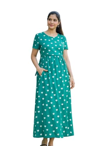 Tara wings Urban Mom Maternity Nighty | Nursing-Friendly Feeding Nightwear Dress | Soft, Breathable & Comfortable Maternity Dress for Pregnancy, Postpartum (Mint Green with White Hearts, 3XL)