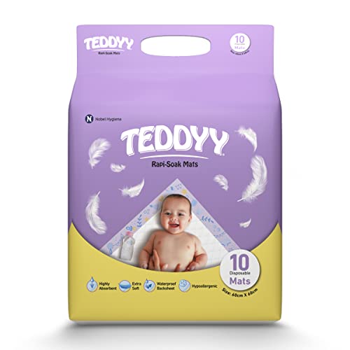 TEDDYY Baby Disposable Rapi-Soak Changing Mats Size - 60 X 60 Cm | 10 Count | Highly Absorbent | Unisex | Anti-Rash | Extra Soft top layer | Anti-Bacterial & Leak- Proof