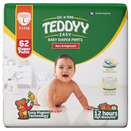 TEDDYY Easy Baby L Size Diaper Pant Style | 62 Count (Large) | 9–14 kg (Pack of 1) | Long Protection Hours | Anti-Bacterial | Airy Breathable Fit | Rapid Soaker Channels & Wetness Indicator