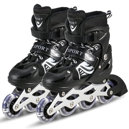 TEKCOOL 4 Wheels Adjustable Inline Skates Skating Shoes for Boys Kids Girls Skating Shoe Adjustable Roller Blades Age 6 to 15 Years PU Strong Wheels Aluminium with LED Flash Light on Wheels (Black)'