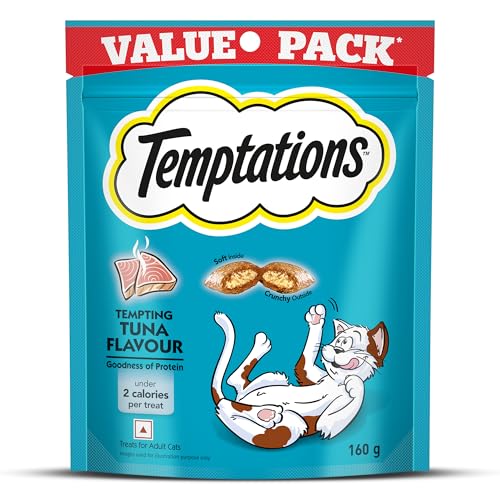 Temptations Adult Cat Treats Wafer, Tempting Tuna Flavour, 160g Value Pack, Crunchy Outside Soft Inside, Goodness of Protein, Vitamins & Minerals, No Artificial Flavours, Resealable Pouch? (Standard)