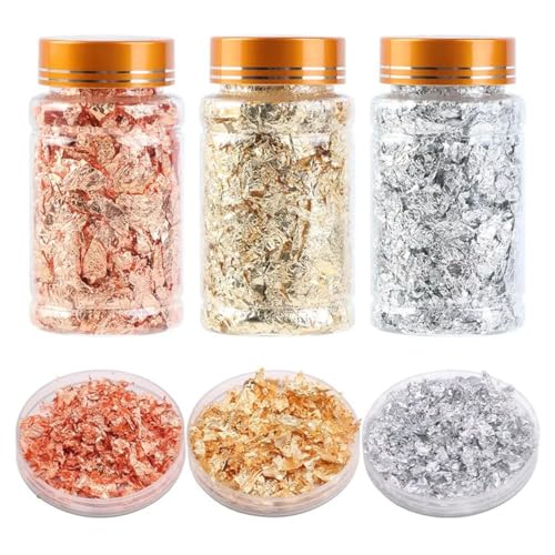 The Craft Deals Gilding Flakes Set | Set of Three Colors Imitation Gold, Silver, Rosegold in Three Bottles | Metallic Foil Flakes for Resin Art, Painting and Crafts, Nail Art