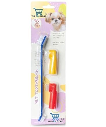 THE DDS STORE All Age Groups Dog Manual Toothbrush Set, Dual-Headed Brush And 2 Bonus Finger Brushes, Freshens Dog's Breath, Vet And Pet Groomer Recommended, Use With Dog Toothpaste, 3-Pieces,Blue