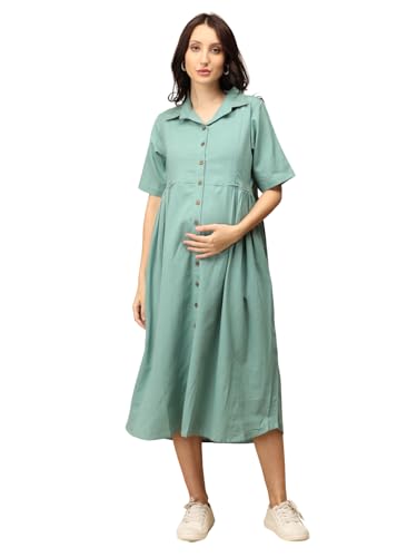 The Mom Store Maternity & Nursing Midi Dress for Women | Pregnancy & Postpartum Wear | Trendy Stylish Cotton Flex Feeding Dress for Womens | Collar Neck | Button Opening | Teal The Deal | M