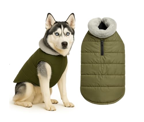 The Pets Company Dog Winter Coat Jacket,Windproof, Waterproof, Light Weight, Washable, Ultra Warm Thick Fleece Lined Dog Vest for Cold Weather Protection, (Military Green, Medium - Large - 22 Inch)