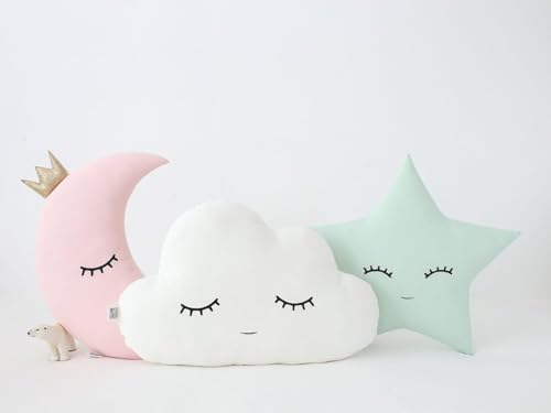 The Purple Tree Cute Cloud Moon Star Cot Cushion with Crown (Pack of 3, 16x16 inch, Velvet) Kids Cushion, Soft Toy, Soft Plush Pillow, Nursery décor, Baby Pillow