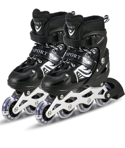 The Veryke Skating Shoes for Boys/Girls 4 Wheel Inline Skates Age 7 to 15 Years Liner Roller Skates Shoes Roller Blades PU Strong Wheels Aluminium with LED Flash Light on Wheels (Black)