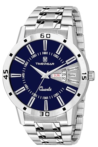 TIMEWEAR Formal Day Date Watch Collection Stainless Steel Analog Men's Watch (Blue Dial Silver Colored Strap)