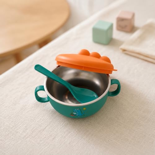 TINSY Dino Kids Bowl – Stainless Steel Feeding Bowl with Lid, Handles and 1 Spoon, BPA-Free, Durable & Safe for Toddlers (Mint Green Dino)