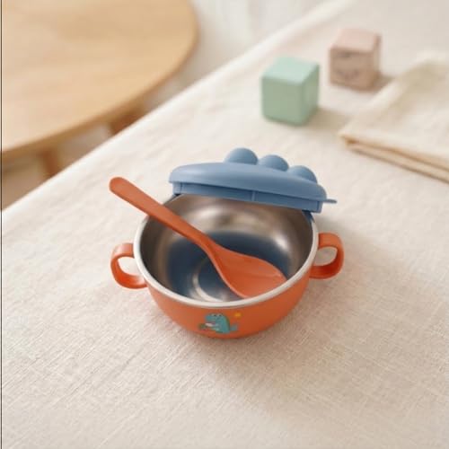 TINSY Dino Series Kids Bowl – Stainless Steel Feeding Bowl with Lid & Handles, BPA-Free, Durable & Safe for Toddlers (Peach Orange Dino)