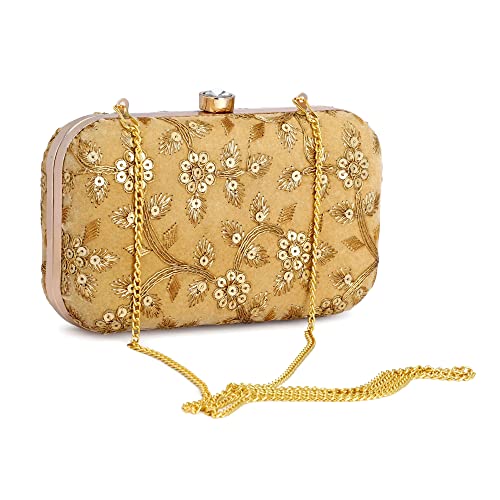 TOOBA Women Handicraft Hand Embroidered Box Clutch Bag Purse for Bridal, Casual, Wedding (Beige Flower)