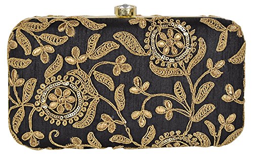 Tooba Women's Clutch (Black) (Velvet_Golden_Zari_Black)