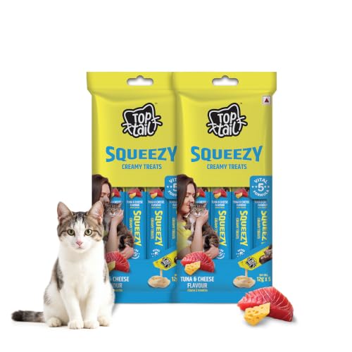 Top tail Squeezy Creamy Treat for Cat | Tuna & Cheese Flavour | 120 Grams, Combo Pack of 2 x 60g (12g x 10 Sachets) | Lickable Treats for Cats, Rich in Omega-3 & 6 Fatty Acids