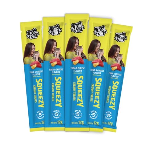 Top tail Squeezy Creamy Treat for Cat 60 Grams (12g x 5 Sachets) | Tuna & Cheese Flavour | Creamy Lickable Treats for Cats, Rich in Omega-3 & 6 Fatty Acids