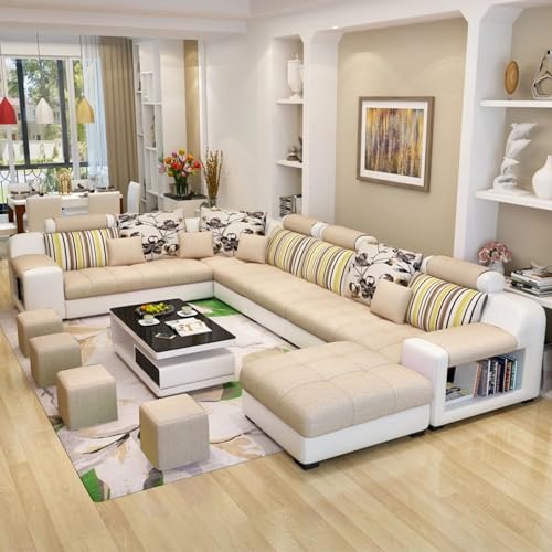Torque - Callister 12 Seater Interchangeable Sofa for Living Room (Right Side, Beige & White) | Large U Shape Fabric Sofa Couch with 4 Puffy & Storage | 3 Years Warranty