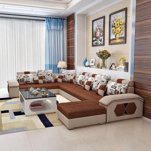 Torque - Silvester 12 Seater Sofa Set for Living Room (Right Side, Beige & Brown) | Interchangeable U Shape Sectional Sofa with Puffy and Stool for Guest Room