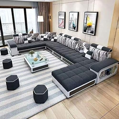 Torque Wood - Silvester 12 Seater Sofa Set for Living Room (Right Side, Black & Light Grey) | Interchangeable U Shape Sectional Sofa with Puffy and Stool for Guest Room