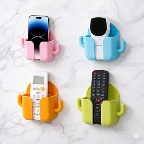 TOVOKART Pack of 4 Wall Mount Mobile Charging Holder with 2 Hooks – ABS Phone Charging Stand, Self Adhesive Phone Shelf for Bedroom, Bathroom, Kitchen, Office Desk Storage Organizer