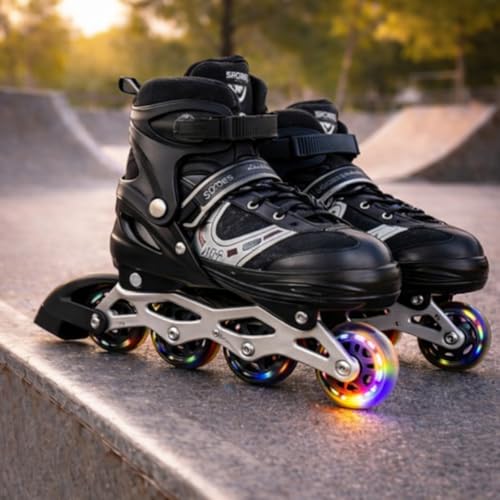 Toy Imagine Adjustable Inline Skates for Kids & Adults 4-Wheel Flashing Roller Skates with Aluminum Frame & Smooth Bearings Comfortable, Breathable Skating Shoes for Beginners (Ages 6-18 Black)