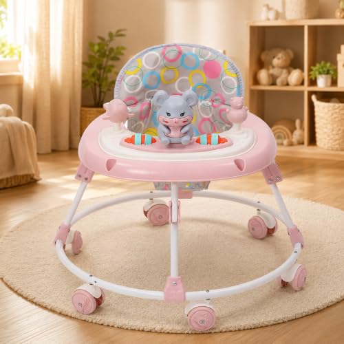 TOY POD Baby Walker for Boys & Girls (6-18 Months) – 360° Rotation, Adjustable Height, Anti-Rollover & Multi-Function Activity Walker for Toddlers (Pink)
