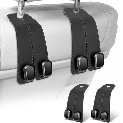 TRYATE 2-in-1 Premium Leather Car Headrest Hook Bag Holder with Phone Holder | Back Seat Storage Hanger for Bags, Purse & Grocery | Universal Car Seat Organizer (Pack of 2, Black)