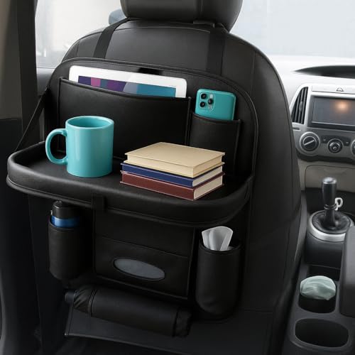 TSKN Premium Black Car Backseat Organizer with Foldable Tray | Multi-Pocket Storage for Tablets, Phones, Bottles & Travel Essentials