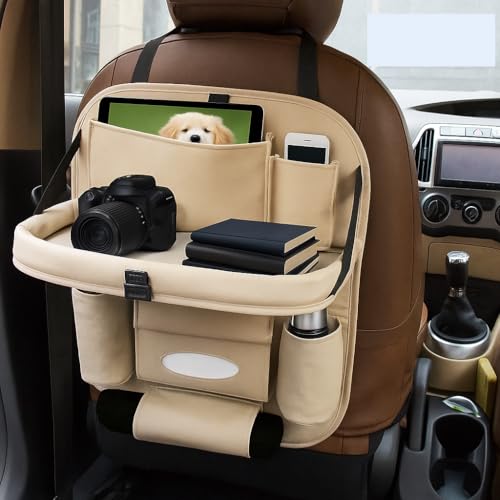 TSKN Premium Car Backseat Organizer with Foldable Tray | Multi-Pocket Storage for Tablets, Phones, Bottles & Travel Essentials Seat Back Organizer (Beige)