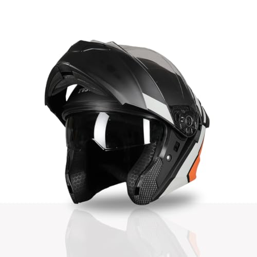 TVS Racing SuperPose Smoked Dual Visor Flip Up Modular Helmet for Men and Women, ISI DOT Certified, ABS Shell, Quick Release Visor, Lightweight, Ventilated, Open Face to Full Face (Black-Orange/L)