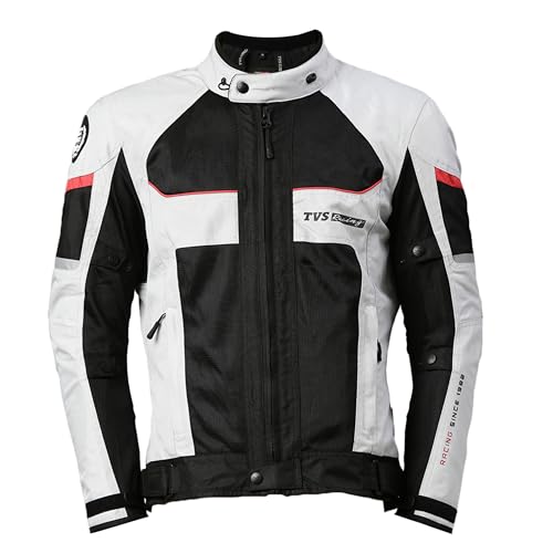 TVS Riding Jacket with Impact Resistance& High Abrasion, Challenger 3-Layer with All Weather Adaptability, CE Level 2 Armour Protection- Bike Jackets for Men, Tailored Comfort - (White-XL)