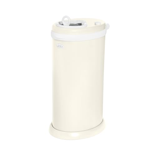 Ubbi Stainless Steel Portable Diaper Pail - 100% Odor Locking Diaper Disposable Bin with Child-Safe Lock, Easy To Use, Baby Nappy Dustbin, Use Regular Trash Bags, Capacity of 55 Diapers, Matte Ivory