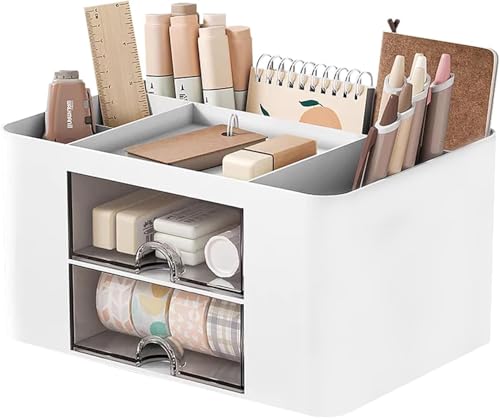 UCRAVO Plastic Multi-Functional Desk Organiser with 5 Compartments and 2 Drawer Desktop Office Supplies Stationery Storage Box Cosmetic Organizer for Ballpoint Pens Staplers Clips Sticky Notes - White