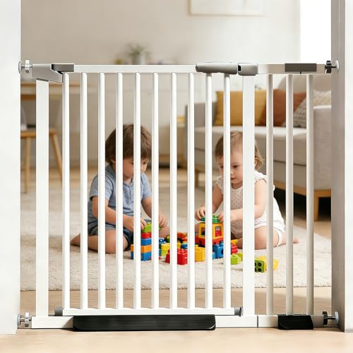 Uliance Baby Safety Gate, Auto-Close Metal Gate for Toddlers, Extra Secure Stair & Door Barrier, Adjustable Width, Dual Lock, No-Drill Installation (White, 90-97cm)