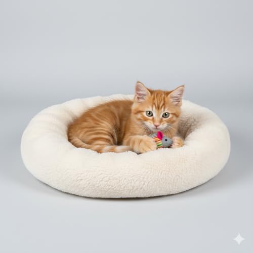 Ultra Soft Round Calming Pet Bed, Brown Plush with Anti-Slip Bottom, Small Size for Dogs and Cats, Washable Donut Design, 50cm