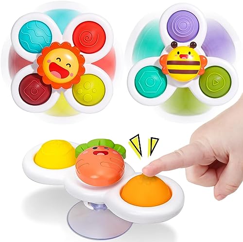 Umadiya® Baby Bath Toys Spinner Toy 3 PCS Pop it Fidget Toys Toddlers Boys Girls Waterproof Suction Cup Spinning Top Rotating Montessori Learning Toy Sticks to Smooth Surface Return Gift for Kids