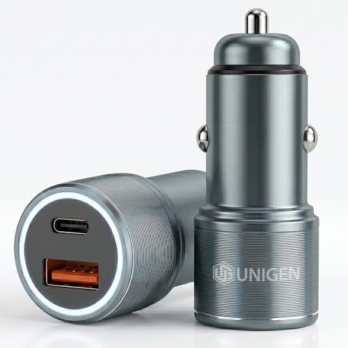 Unigen 80W Dual Output Fast Car Charger with Type-C PD & USB, Charging Adapter Compatible with Cars for iPhone & Android Smartphone, Smartwatch, Earbud, Power Bank (Steel Grey)