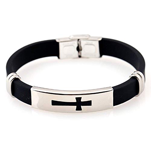 University Trendz Metal Christian Cross Sign Leather Bracelet For Men (Black-Silver)