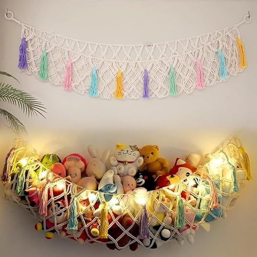 Urooz Macrame Stuffed Animal Hammock Jumbo, Large Toy Corner Hanging Net With Star Lights for Boho Kids Room Nursery Playroom - Cotton, White, 150 x 120 x 2.5 Cm