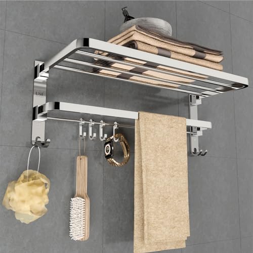 USF 24 Inch Foldable Towel Rack for Bathroom, 304 Stainless Steel Wall Mounted Towel Holder, Heavy Duty Space Saving Design, Long Lasting Durability, Chrome Finish, Pack of 2