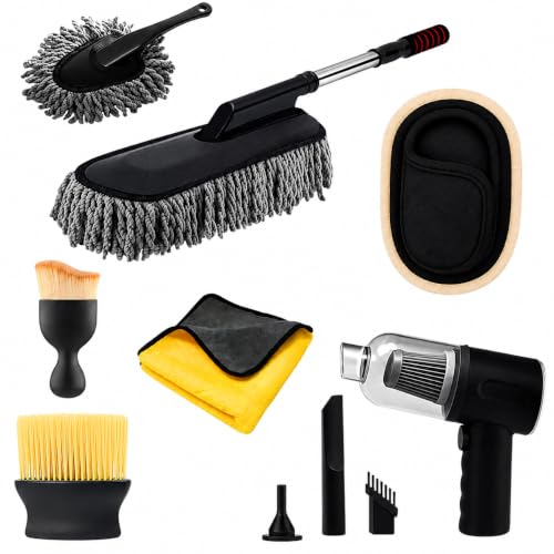 Valleycomfy 7 PCS Car Cleaning Kit with 3-in-1 Mini Vacuum Cleaner, Microfiber Cloth,Big Duster,Car Cleaning Sprey,Wheel Brush,AC Vent Brush&Interior Dust Brush,for velar,Truck