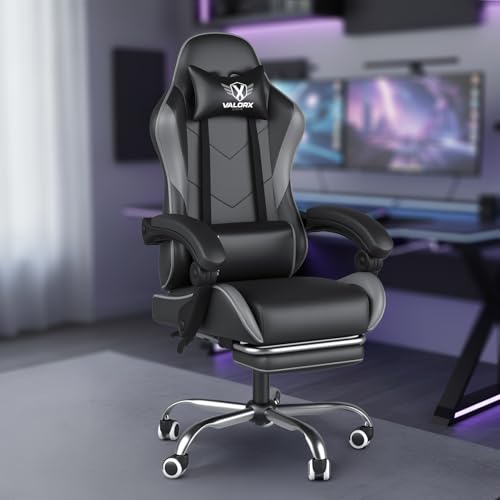 ValorX USA Vector 2026 Edition I Ergonomic Gaming & Computer Chair in PU Leather | Dual Massager Back Cushion | Adjustable Neck & Lumbar Support | Ergo-Sync Armrests | Retractable Footrest (Grey)
