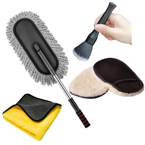 VARNIRAJ Car Cleaning Kit, 4 PCS Combo with Car Duster, Cleaning Brush, Wash Mitt, and Microfiber Towel for Interior and Exterior Detailing